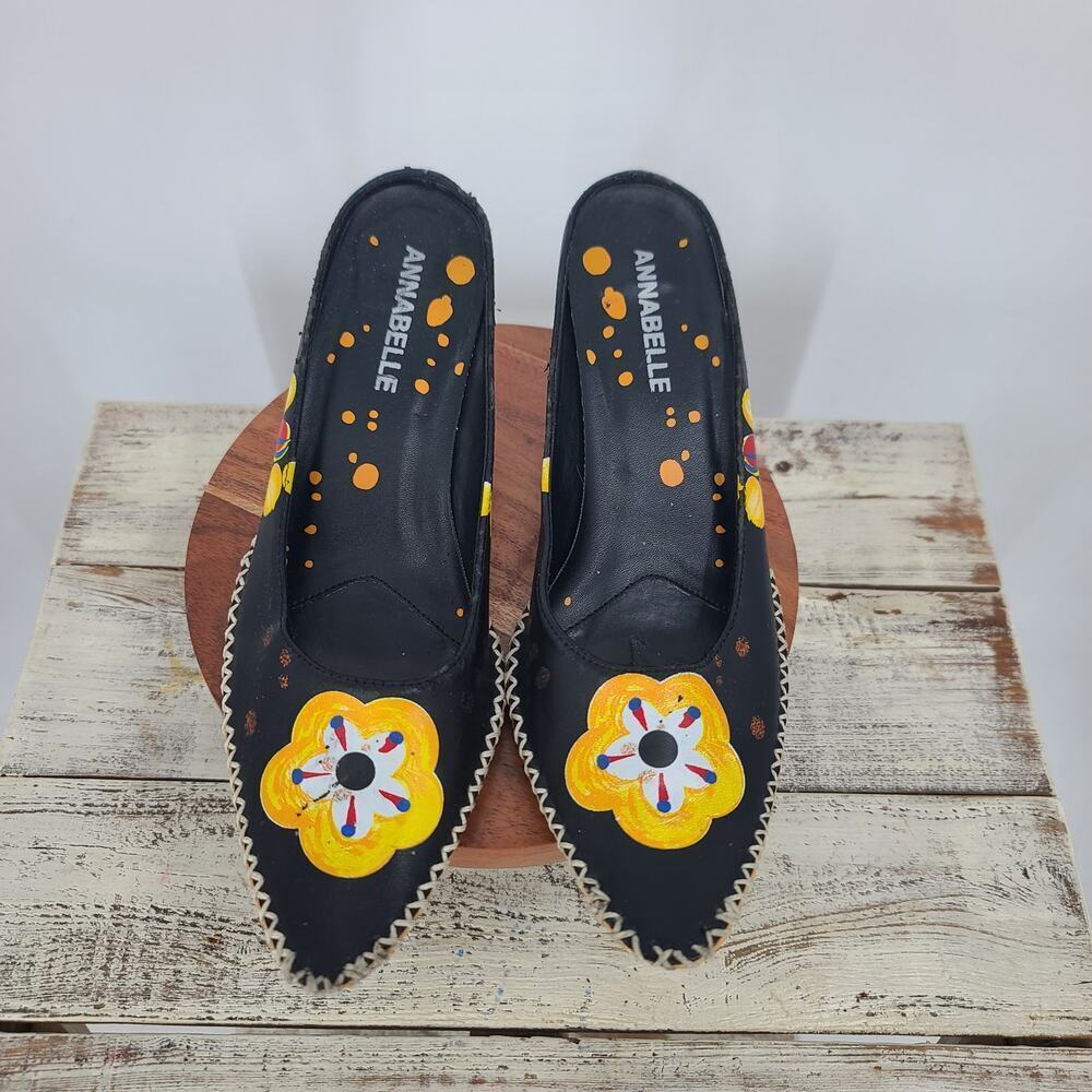 Annabelle Black Floral Mules Size 8 Boho Artisan Funky Unique Folk Art Indie